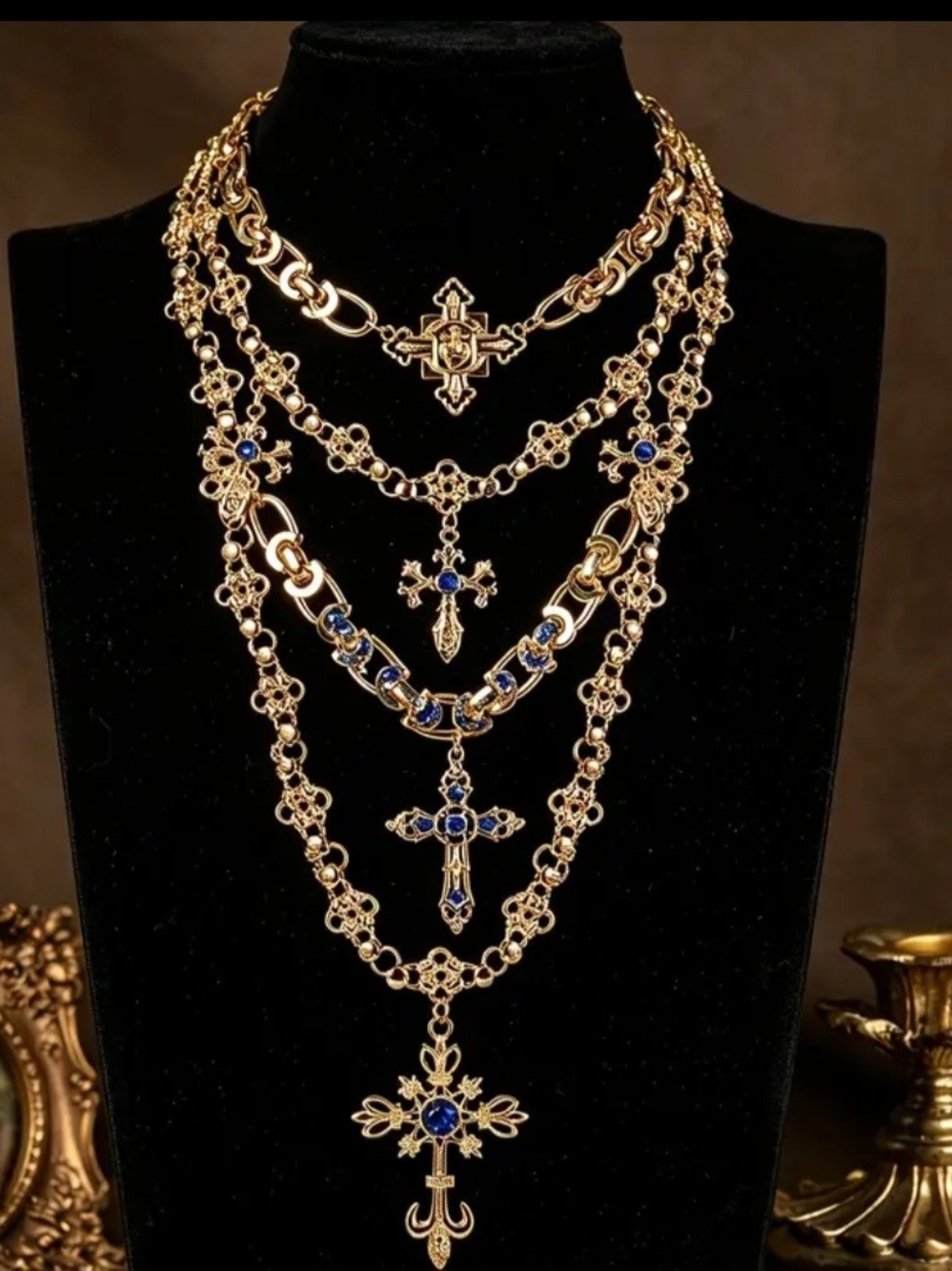 Gold and Blue Multi-Layer Bling Cross Necklace - Women Jewelry